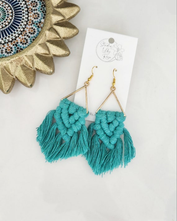 Aqua Macrame Earrings Macrame Dangle Earrings Boho Jewelry