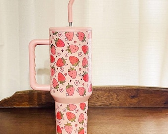 40oz Tumbler with Lid and Straw, Strawberry Design on Pink