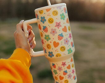 40oz Tumbler with Lid and Straw, Happy Strawberries on Cream