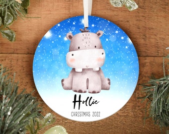 Hippo Animal Christmas Tree Bauble Personalised Name, Gift for Daughter Son, Girl or Boy Christmas Ornament, Safari Stocking Filler Gift