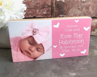 New Baby Gift, New Baby Girl Gift, New Baby Girl, New Baby Frame, Photo on Wood, Personalised Baby Photo Frame, Baby Girl Custom Gift