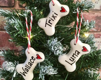 Personalised Dog Tag, Ceramic Name Tag, Bone Tag, Heart Tag, Dog Gift, Gifts for Dogs, Personalised Name Tag, Christmas Tree Decorations,
