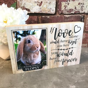 May include: A wooden photo frame with a picture of a brown bunny rabbit. The frame has a white background with black text that reads "If love alone could have kept you here you would have lived forever". The frame also has a small heart shape in the top right corner. The text "In loving memory of FLOPSY" is at the bottom of the frame.