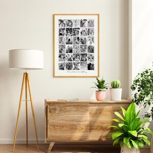 May include: A framed black and white photo collage featuring numerous small square images. The frame is a light wood color. The text at the bottom of the collage reads "Home is wherever we are Together".