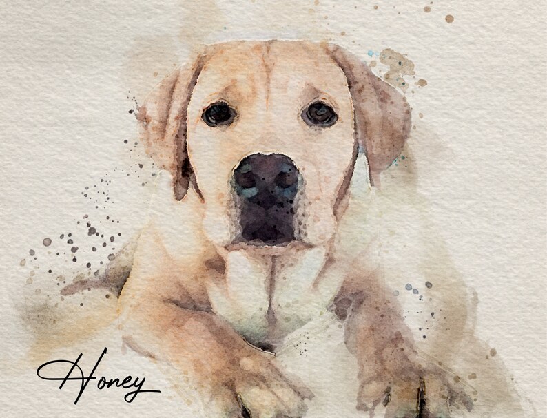 May include: Watercolor painting of a light brown dog with the name "Honey" written in cursive below the dog.