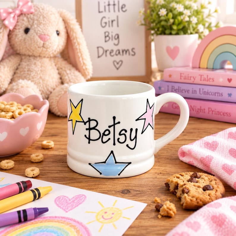 Op de afbeelding: Een witte keramische mok met de naam Betsy in zwarte schrijfletters, versierd met een gele ster links, een roze ster rechts en een lichtblauwe ster aan de onderkant. De mok heeft een afgerond handvat en een gladde, glanzende afwerking.