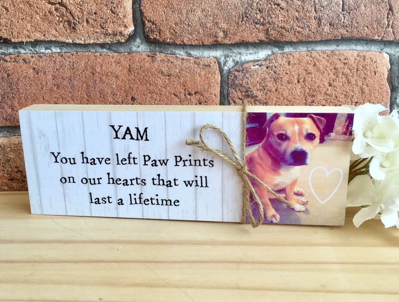 May include: A wooden memorial plaque with a photo of a dog and the text "YAM You have left Paw Prints on our hearts that will last a lifetime".
