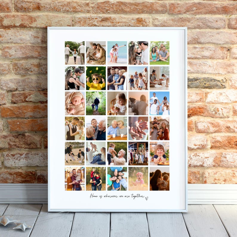 May include: A framed collage of family photos in a white frame. The photos are arranged in a grid pattern and depict various family moments. The text "Home is wherever we are together" is at the bottom.