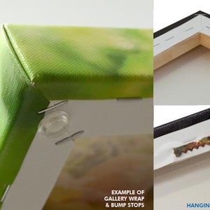 May include: Close-up of a canvas print with a green and yellow abstract design. The canvas is wrapped around the edges of the frame and secured with bump stops. The back of the frame has hanging hardware.