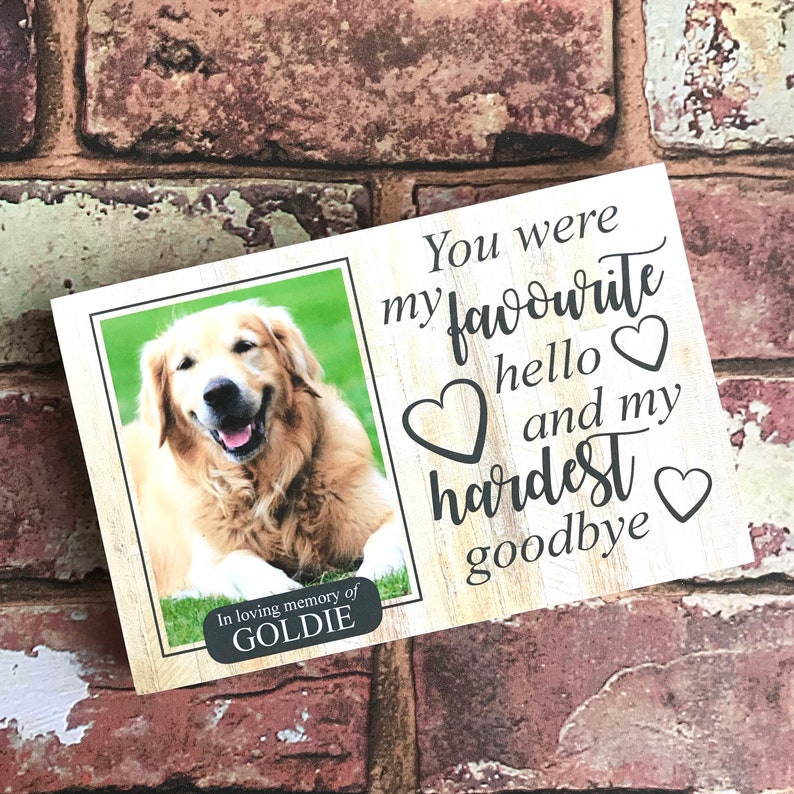Puede incluir: Una placa conmemorativa de madera con una foto de un perro golden retriever. El texto dice "Fuiste mi favorito hola y mi adi&oacute;s m&aacute;s dif&iacute;cil". La placa tambi&eacute;n incluye el texto "En memoria cari&ntilde;osa de GOLDIE".