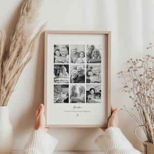 May include: A framed black and white collage of family photographs. The photos are arranged in a grid, with the word "Grandma" and the phrase "Forever loved, never forgotten" printed below. A heart symbol is also included.