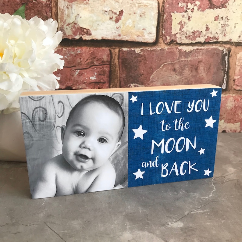 Gift for Mummy /& Daddy Personalised with your own photo I love you to the moon and back photo block Bespoke Keepsake Custom Photo Gift