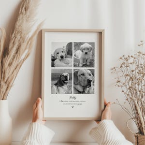 May include: A framed monochrome photo collage showing a dog in four different images. The frame is light brown. The images show the dog at different ages. Text at the bottom reads "Buddy" and a sentimental quote.