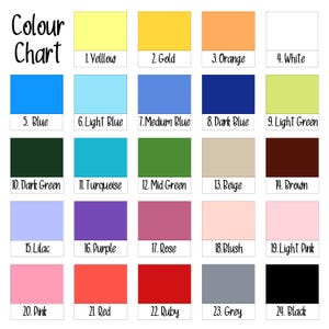 May include: A colour chart featuring twenty-four numbered rectangular swatches. The grid displays a variety of hues including yellow, gold, orange, white, blue, light blue, medium blue, dark blue, light green, dark green, turquoise, mid green, beige, brown, lilac, purple, rose, blush, light pink, pink, red, ruby, grey, and black.