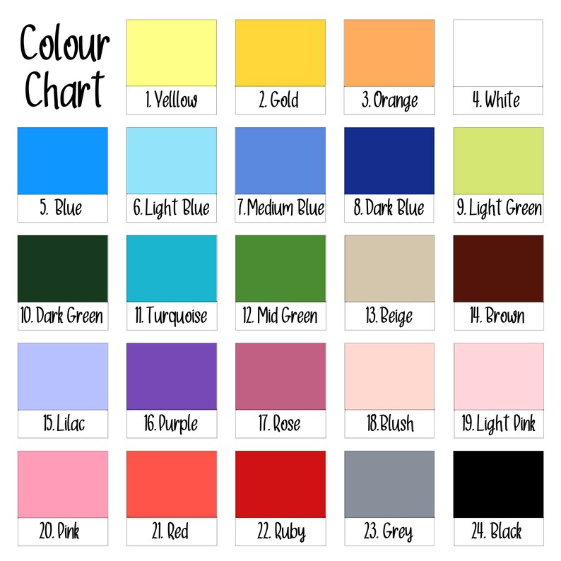 May include: A colour chart featuring twenty-four numbered rectangular swatches. The grid displays a variety of hues including yellow, gold, orange, white, blue, light blue, medium blue, dark blue, light green, dark green, turquoise, mid green, beige, brown, lilac, purple, rose, blush, light pink, pink, red, ruby, grey, and black.