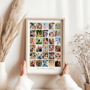 May include: A framed collage of family photos, held by a person. The photos are arranged in a grid pattern, showcasing various moments. The frame is light-colored, and the text "Home is wherever we are together" is at the bottom.
