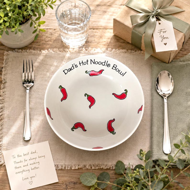 May include: A white ceramic bowl featuring red chilli pepper illustrations and the black text "Dad's Hot Noodle Bowl" printed along the rim. The bowl is presented with a silver fork, a silver spoon, a gift box, and a note with handwritten text.