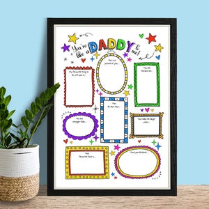 May include: A printable Father's Day card with colourful frames and the text "You're like a Daddy to me!"  The frames have prompts for the child to fill in about their dad.