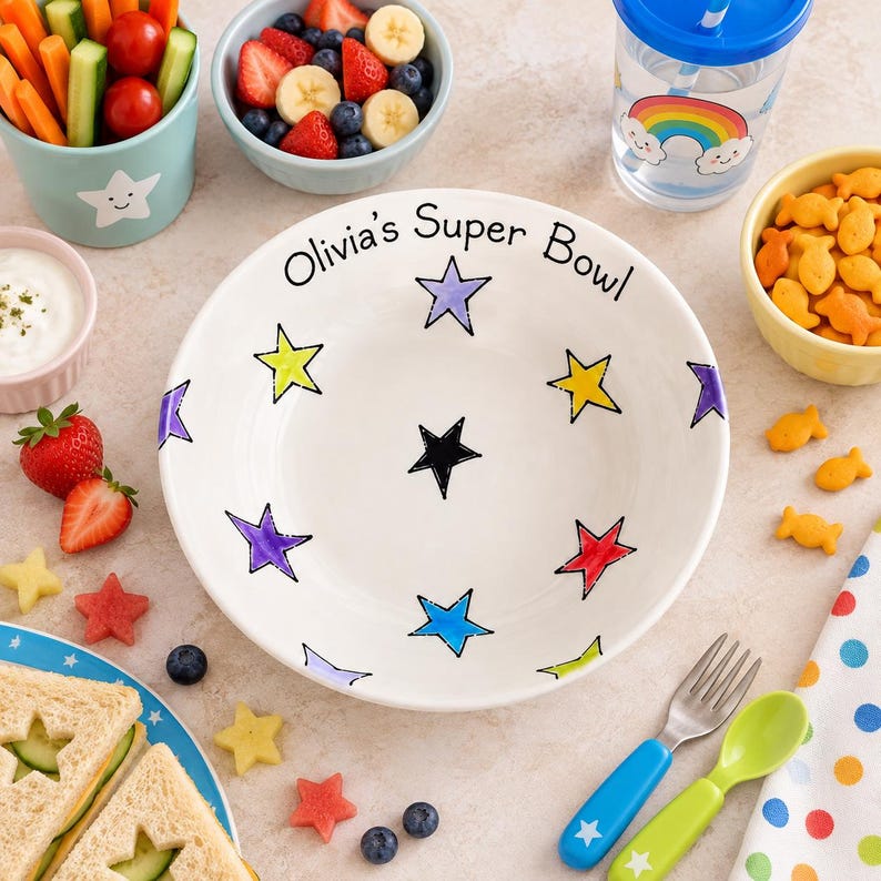 May include: A white ceramic bowl featuring the text "Olivia's Super Bowl" and a pattern of multi-coloured stars in purple, yellow, black, red, blue, and green. The bowl is surrounded by various snacks, a blue cup with a rainbow, and child-sized cutlery.
