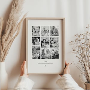 May include: A framed black and white photo collage with nine family photographs. The wooden frame surrounds the images, with the word "Mum" and the phrase "Forever loved, never forgotten" printed below.
