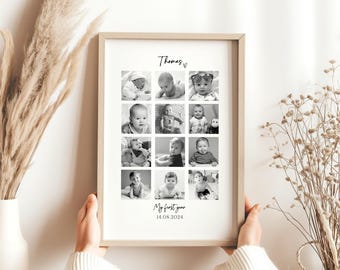 Baby First Year Photo Collage, Personalised 12 Pictures, Baby's 1st year photo print frame , Custom baby gift, Nursery decor, 1st birthday
