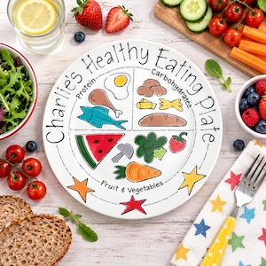 May include: A white ceramic plate titled Charlie's Healthy Eating Plate, divided into four sections labeled Protein, Carbohydrates, and Fruit & Vegetables, featuring colorful illustrations of food items and decorated with yellow and red stars.
