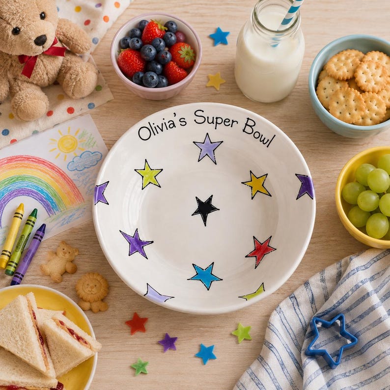 May include: A white ceramic bowl featuring the text Olivia's Super Bowl and a pattern of colourful hand-drawn stars in purple, yellow, red, blue, and black. The bowl is surrounded by a teddy bear, a bowl of berries, milk, crackers, and grapes.
