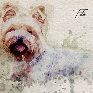 May include: A watercolor painting of a Yorkshire Terrier dog with brown and white fur. The dog is looking at the viewer with its tongue sticking out. The painting has a light brown background with splashes of green and blue paint.