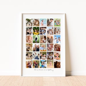 May include: A framed collage of family photos. The white framed print features 30 individual photos arranged in a grid. The photos depict various family moments. The text at the bottom reads, "Home is wherever we are together."