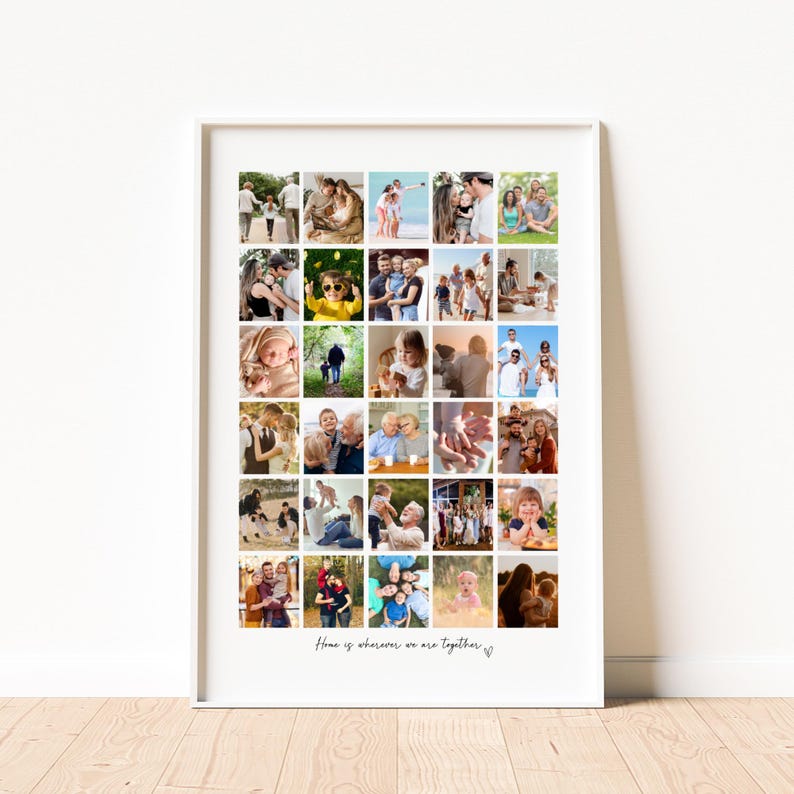 May include: A framed collage of family photos. The white framed print features 30 individual photos arranged in a grid. The photos depict various family moments. The text at the bottom reads, "Home is wherever we are together."