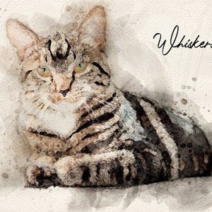 May include: A watercolor painting of a tabby cat with green eyes. The cat is lying down and looking at the viewer. The painting has a light brown background with splashes of watercolor paint.