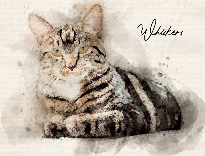 May include: A watercolor painting of a tabby cat with green eyes. The cat is lying down and looking at the viewer. The painting has a light brown background with splashes of watercolor paint.