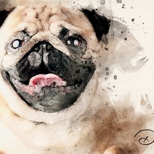 May include: A watercolor painting of a pug dog with a happy expression. The dog has a light brown coat, black nose, and a pink tongue sticking out. The background is a light brown with watercolor splatters.