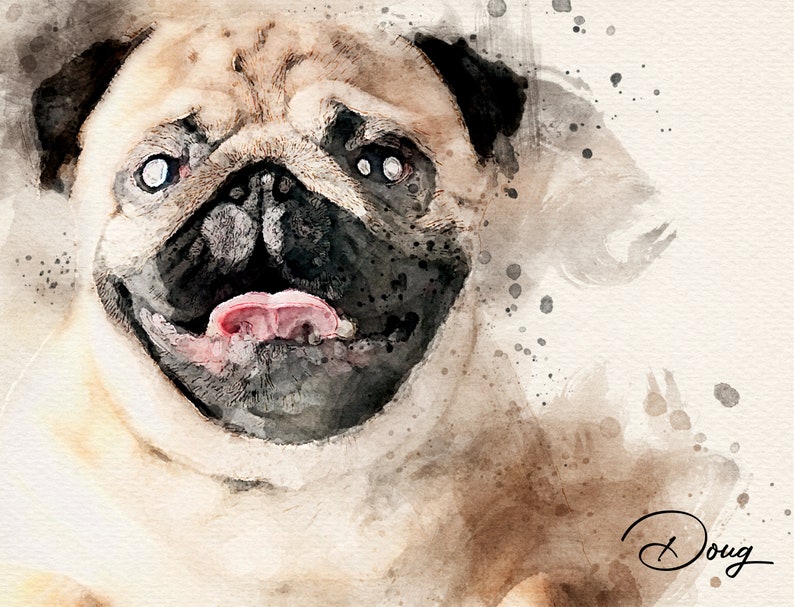 May include: A watercolor painting of a pug dog with a happy expression. The dog has a light brown coat, black nose, and a pink tongue sticking out. The background is a light brown with watercolor splatters.