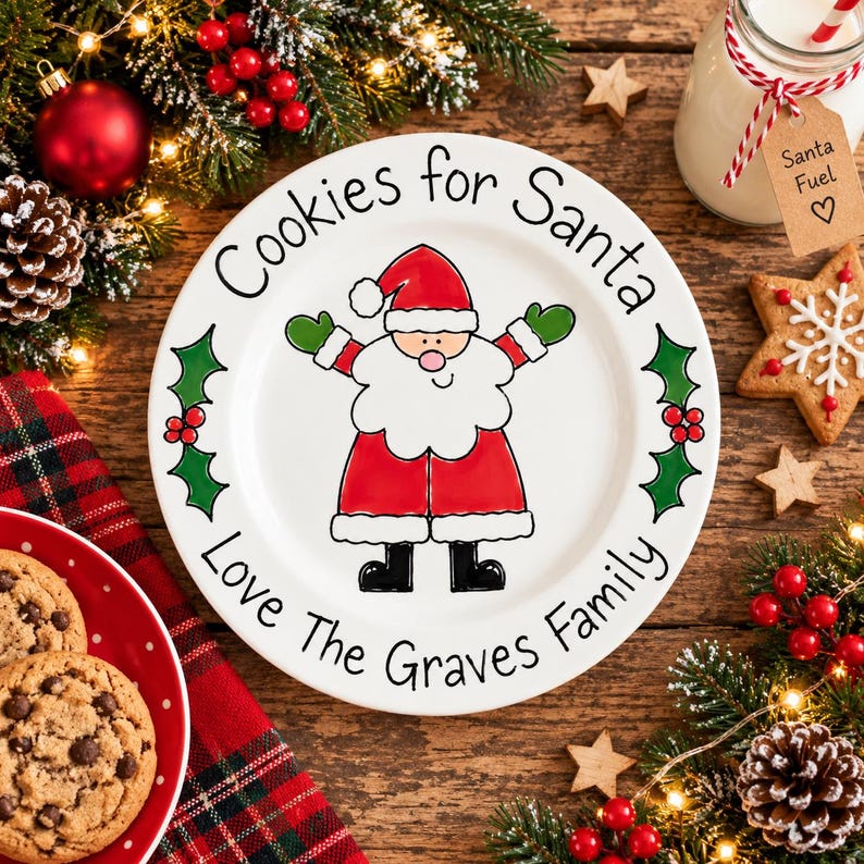 May include: A white ceramic plate featuring a cartoon Santa Claus in the center, surrounded by green holly leaves and red berries. The text reads "Cookies for Santa" at the top and "Love The Graves Family" at the bottom in black lettering.