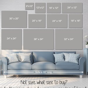 May include: A guide to choosing the right size canvas print for your living room. The image shows a grey sofa with a variety of canvas print sizes displayed on the wall behind it. The sofa is 95 inches long. The canvas print sizes range from 8 inches by 10 inches to 36 inches by 24 inches.