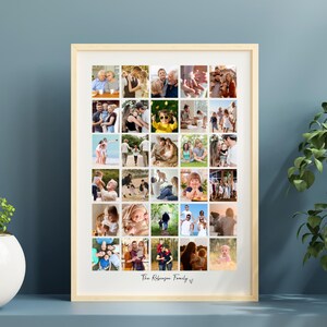 May include: A wooden framed collage of family photographs. The collage features many small photos of family members and events. The text "The Robinson Family" is written in cursive at the bottom of the frame.