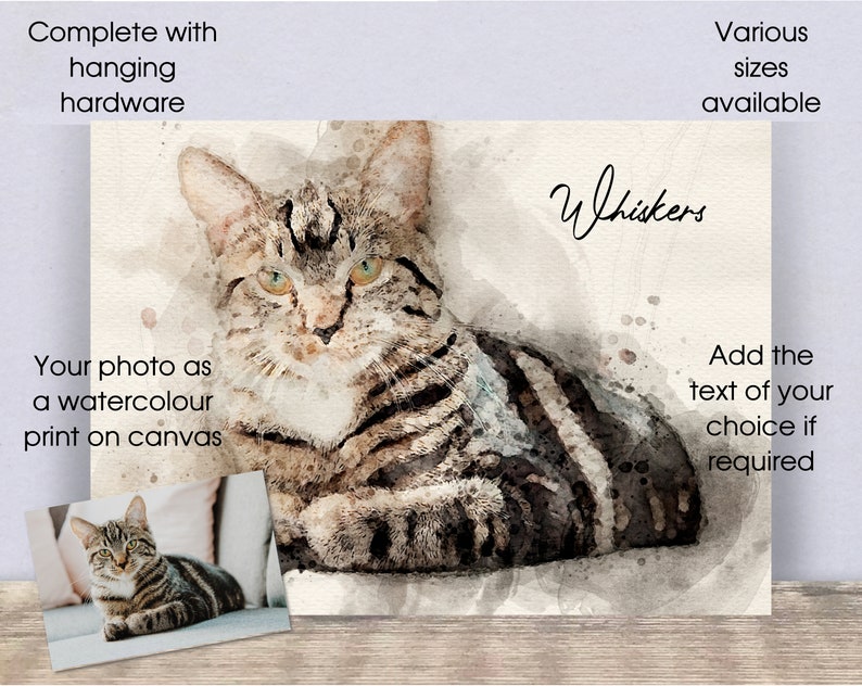 May include: Watercolor painting of a tabby cat on a canvas print. The cat is lying down with its head turned to the side. The painting is titled "Whiskers".
