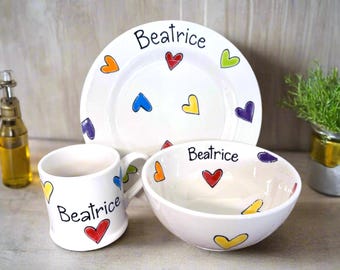 Personalised Child Dinner Set, Ceramic Plates & Bowl Set, Gift for Child, Children's Gift, Child Eating Set,  Personalised Plate Bowl Mug