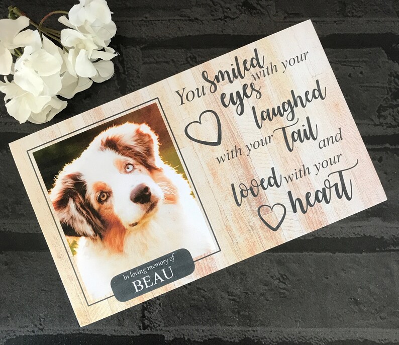 K&ouml;nnte beinhalten: Eine Holz-Gedenktafel mit einem Foto eines braunen und wei&szlig;en Hundes. Die Tafel tr&auml;gt den Text "You smiled with your eyes laughed with your tail and loved with your heart" und "In loving memory of BEAU".