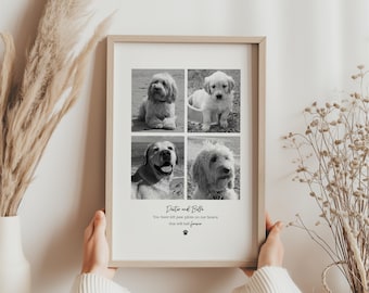 May include: A framed black and white print featuring four photos of dogs. The print includes the text "Dexter and Bella" and a sentimental quote about paw prints. The frame is a light wood color.