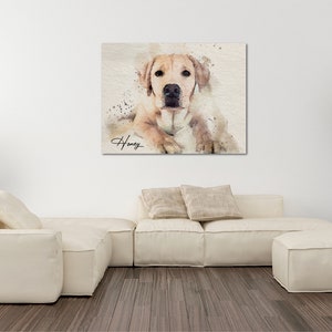 May include: Watercolor painting of a golden retriever dog named "Honey" with a white background and brown splatter paint.
