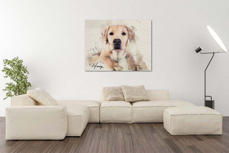 May include: Watercolor painting of a golden retriever dog named "Honey" with a white background and brown splatter paint.