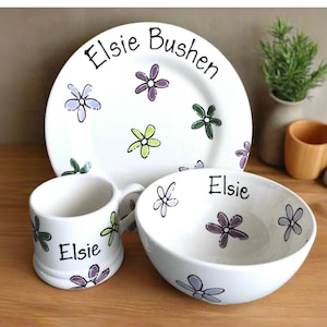 Personalised Child Dinner Set, Ceramic Plates & Bowl Set, Gift for Child, Children&#39;s Gift, Child Eating Set,  Personalised Plate Bowl Mug