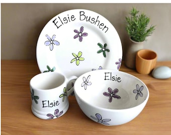 Personalised Child Dinner Set, Ceramic Plates & Bowl Set, Gift for Child, Children's Gift, Child Eating Set,  Personalised Plate Bowl Mug