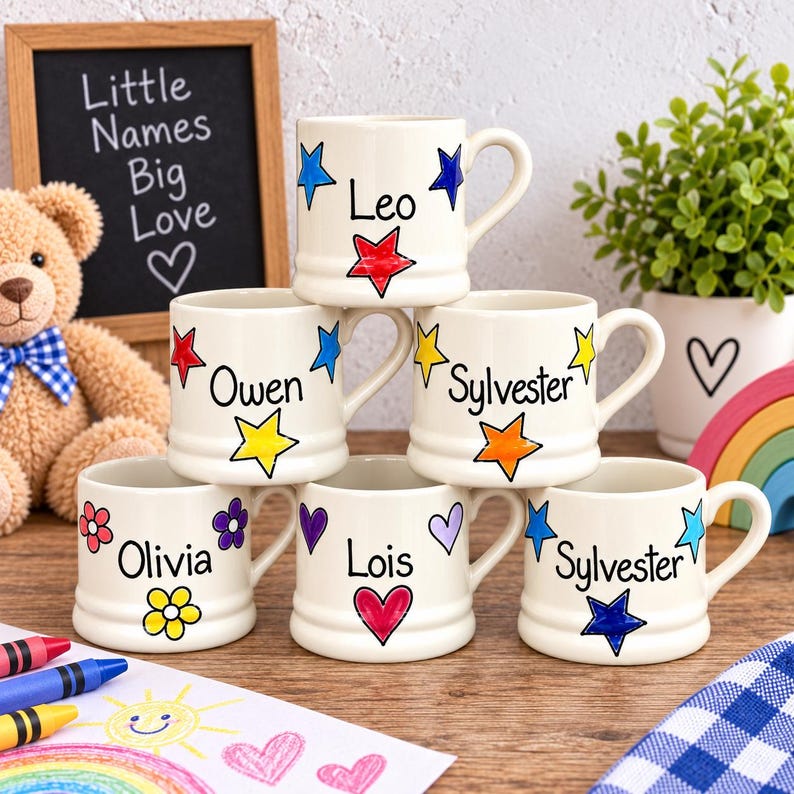 Op de afbeelding: Zes witte keramische mokken met oren, elk voorzien van een unieke naam in zwarte letters en handgetekende motieven zoals sterren, hartjes en bloemen. De namen op de mokken zijn Leo, Owen, Sylvester, Olivia, Lois en Sylvester.