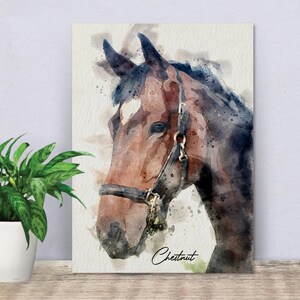 May include: Watercolour painting of a chestnut horse's head with a black halter. The horse has a white star on its forehead. The background is a light brown with watercolour splatters.