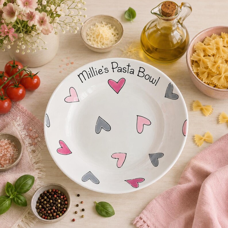 May include: A white ceramic pasta bowl featuring the black text Millie's Pasta Bowl and a pattern of scattered pink and grey hearts. The bowl has a wide rim and a smooth finish, designed for serving pasta dishes in a home kitchen setting.