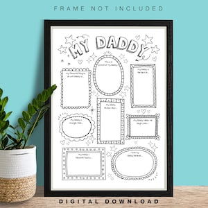 Op de afbeelding: Printbare zwart-witte "Mijn Papa" invulpagina met sterren en harten. De pagina heeft acht verschillende secties om over een vader te schrijven.