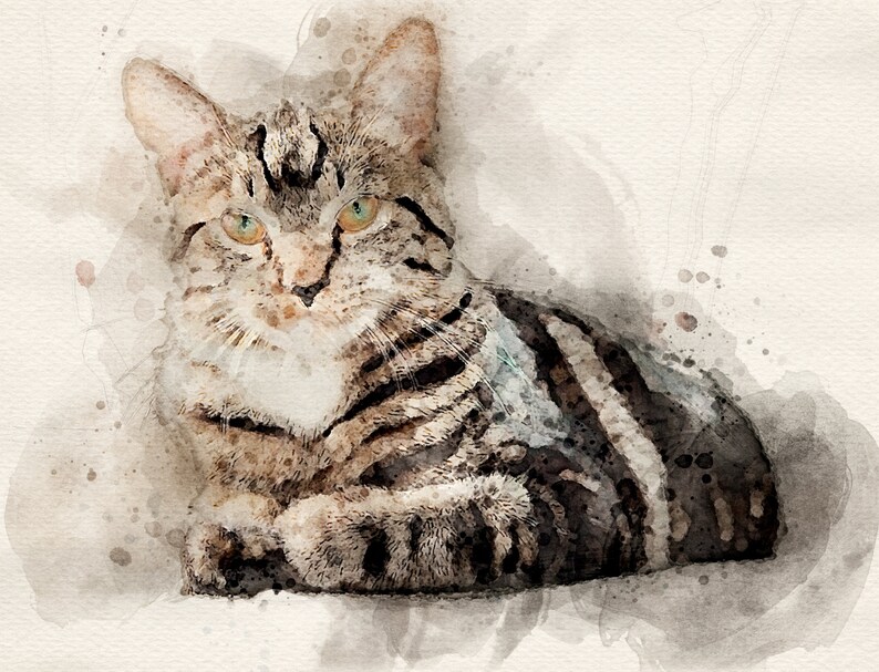 May include: A watercolor painting of a tabby cat with green eyes, lying down and looking at the viewer. The cat has a white patch on its chest and is surrounded by a light brown background with watercolor splatters.
